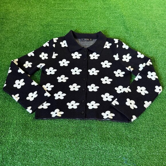 Hesperus Long Sleeve Floral Knit Button Croped Polo Cardigan Sweatshirt Size XL - Picture 1 of 12